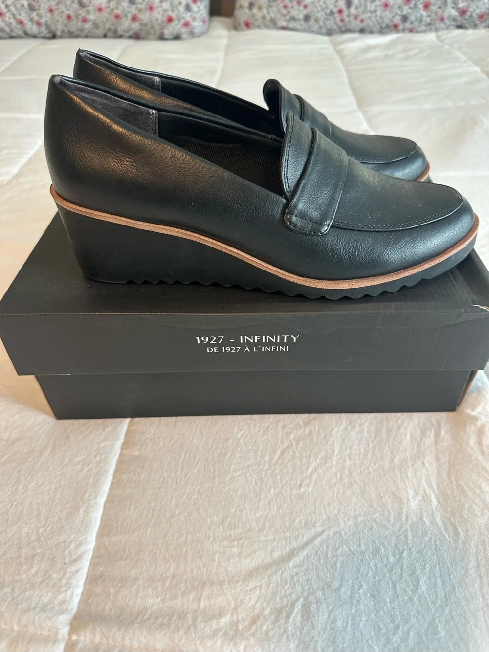 Naturalizer Black Wedge Penny Loafers with Tan Trim